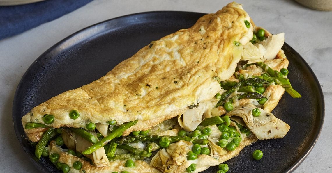 Tom Daley's soufflé omelette with artichokes, peas and asparagus Egg